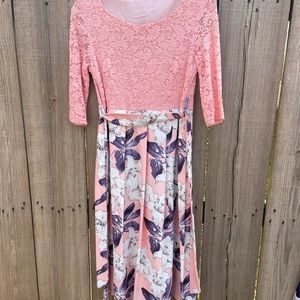 Lace pink modest dress.